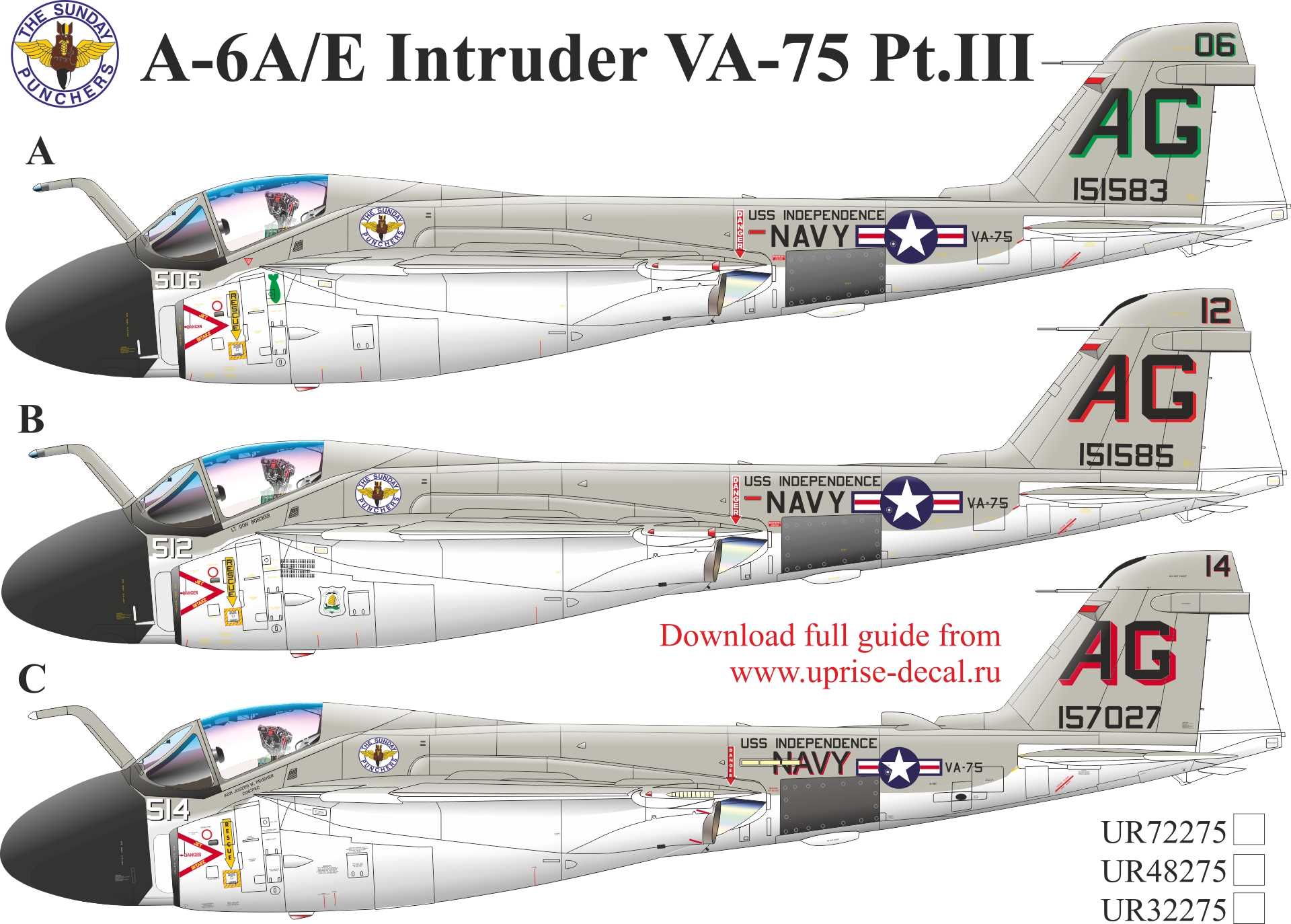 UR72275  декали  A-6A/E Intruder VA-75 Pt.III with stencils  (1:72)