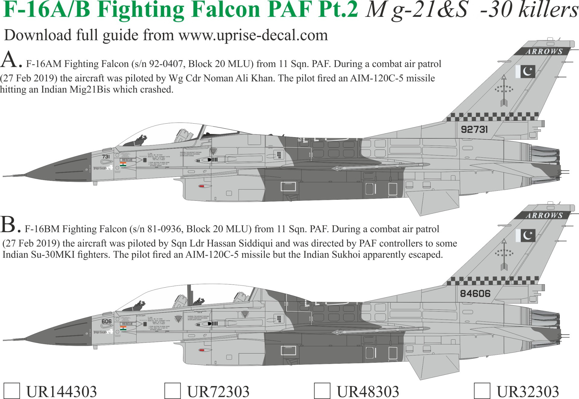 UR48303  декали  F-16A/B Fighting Falcon PAF Pt.2 Killer with stencils  (1:48)