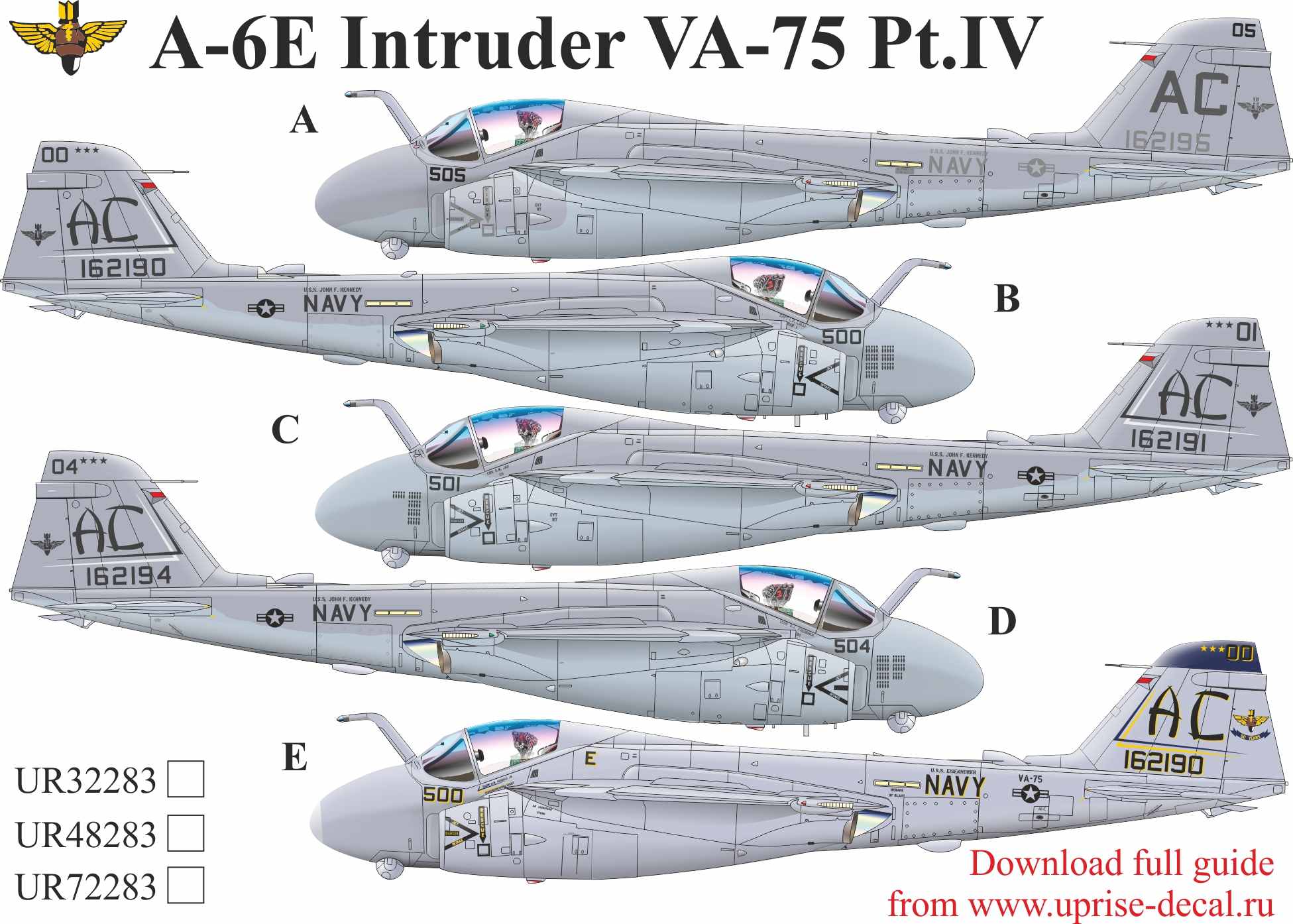 UR48283  декали  A-6A/E Intruder VA-75 Pt.IV with stencils  (1:48)