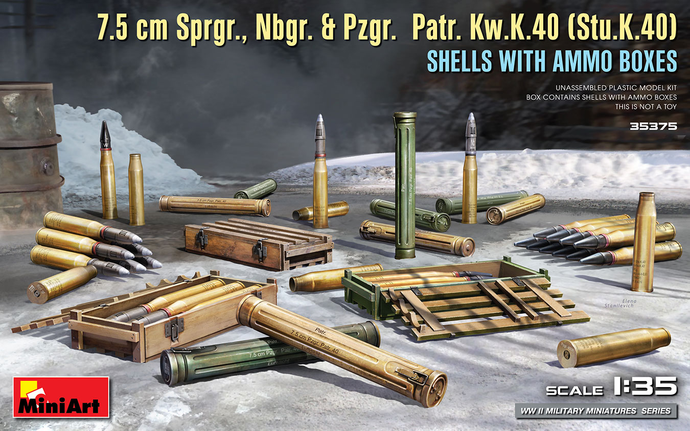 35375  дополнения из пластика  7.5 cm Sprgr., Nbgr. & Pzgr. (Stu.K.40) SHELLS & BOXES  (1:35)