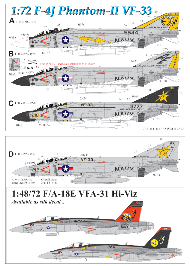 URS725  декали  F-4J Phantom-II VF-33, no stencils& insignia  (1:72)