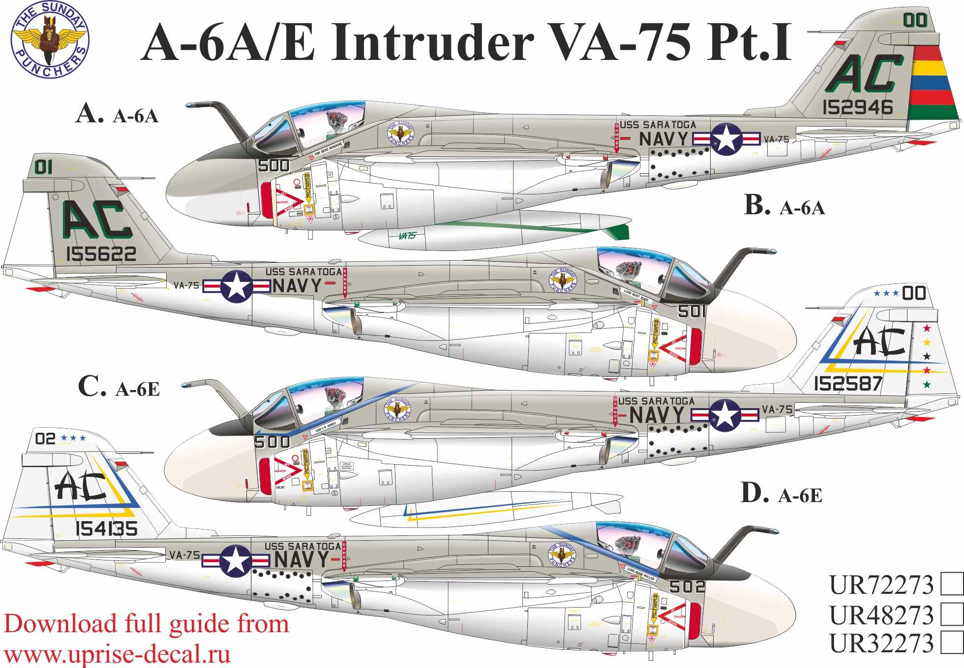 UR32273  декали  A-6A/E Intruder VA-75 Pt.I with stencils  (1:32)