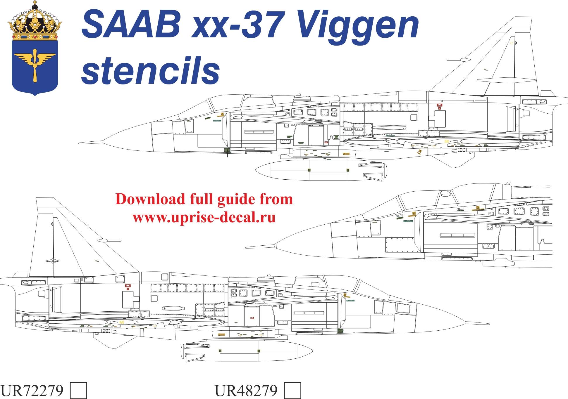 UR72279  декали  SAAB xx37 Viggen HI-Viz stencils with insignia  (1:72)