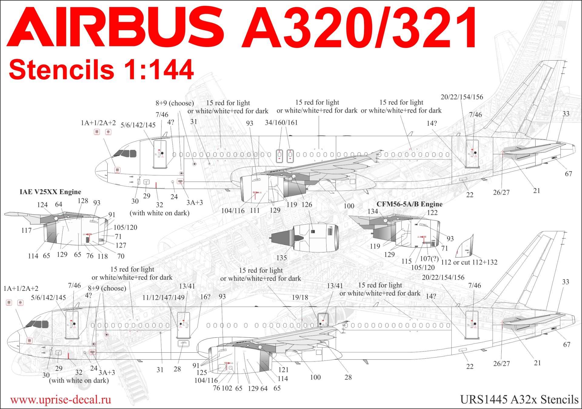 URS1445L  декали  A320/321 stencils set  (1:144)