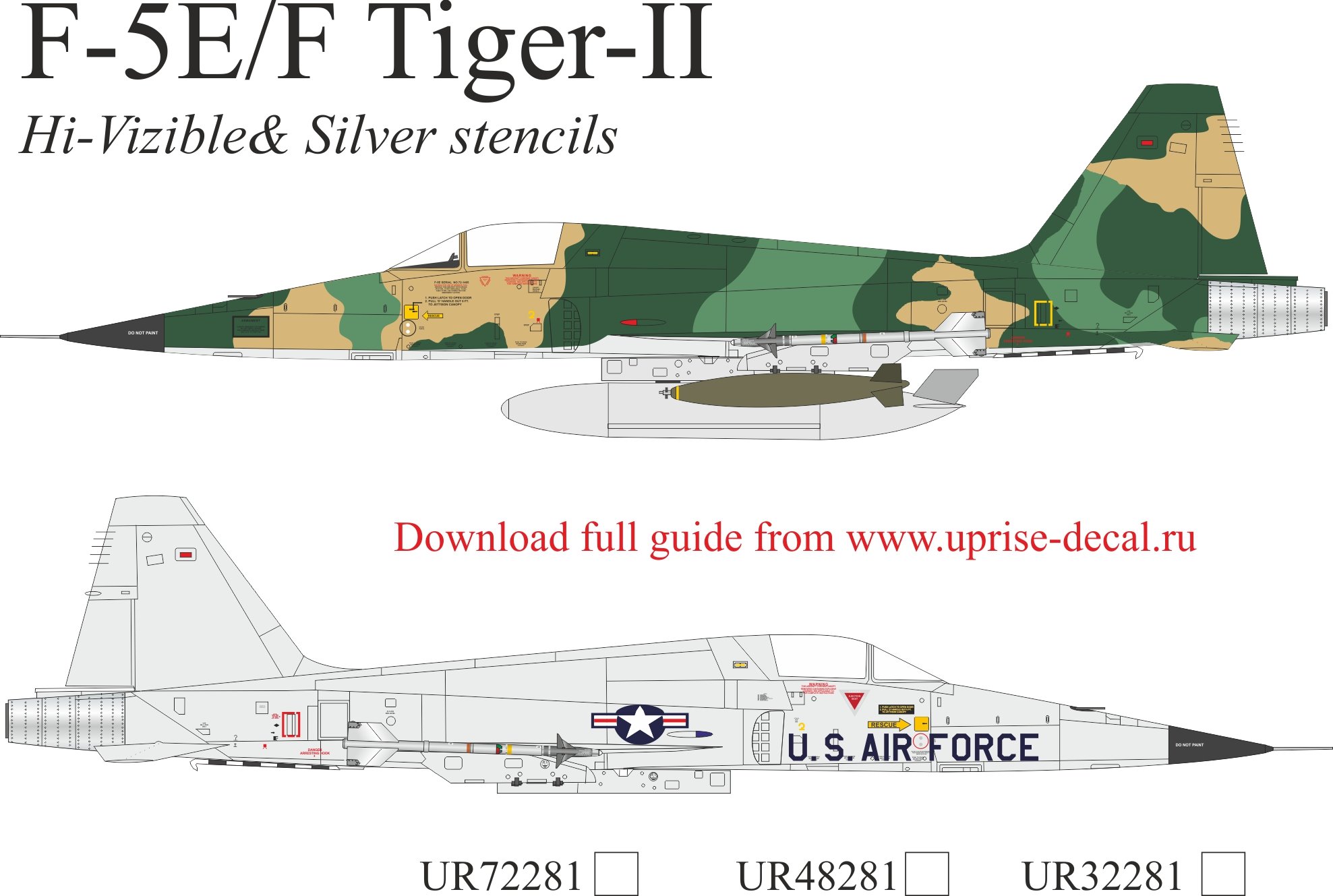 UR48281  декали  F-5A/B/E/F Tiger-II Hi-Viz stencils  (1:48)