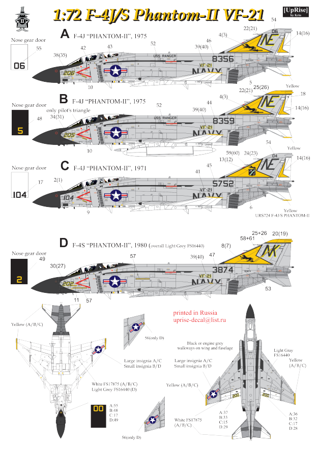 URS724  декали  F-4J/S Phantom-II VF-21/84/103, no stencils& insignia  (1:72)