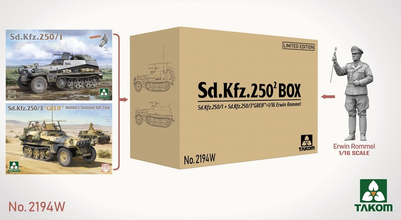 2194W  техника и вооружение Sd.Kfz.250² BOX Sd.Kfz.250/1+Sd.Kfz.250/3 "GREIF"+1/16 Rommel  (1:35)