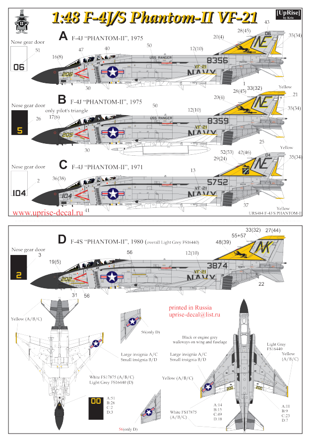 URS484  декали  F-4J/S Phantom-II VF-21/84/103, no stencils& insignia  (1:48)