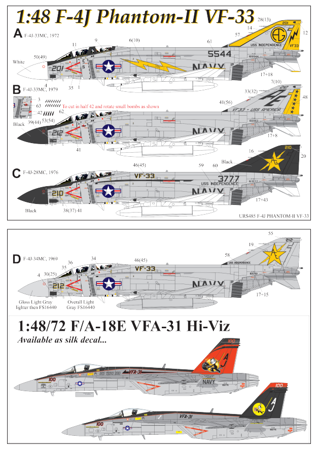 URS485  декали  F-4J Phantom-II VF-33, no stencils& insignia  (1:48)