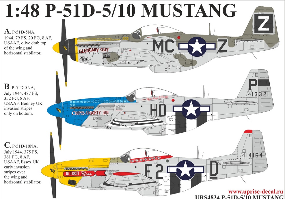 URS4824  декали P-51D-5/10 MUSTANG with insignia, без тех. надписей  (1:48)