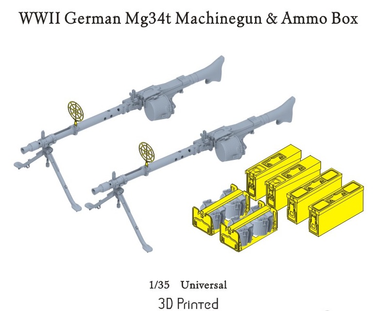 P35-215  дополнения из смолы  MG 34T Machine Gun In-vehicle & Ammunition Box Set  (1:35)